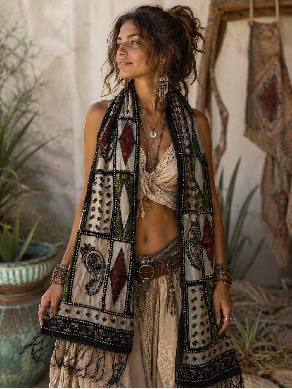 Vintage Velvet Embroidered Fringe Scarf Shawl Boho Festival Luxe